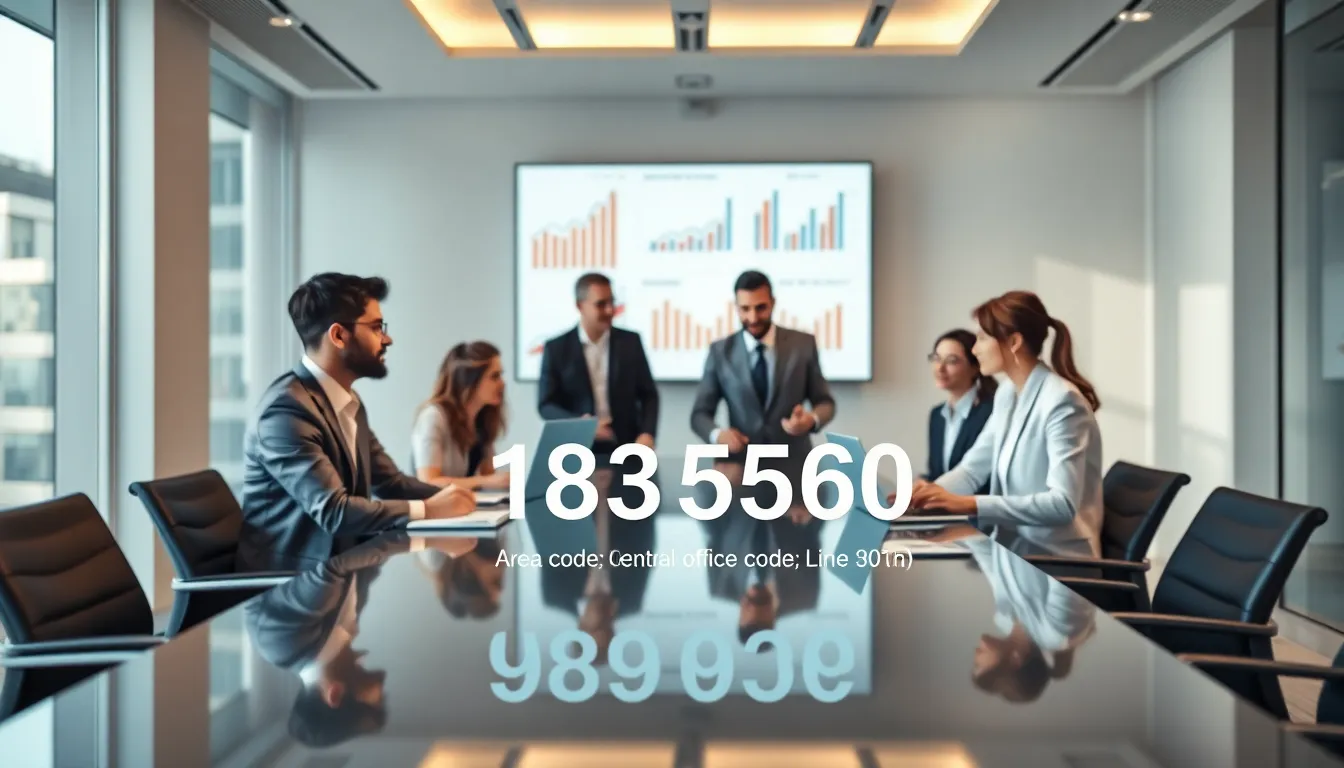 professionals discussing phone number structure in a modern office.